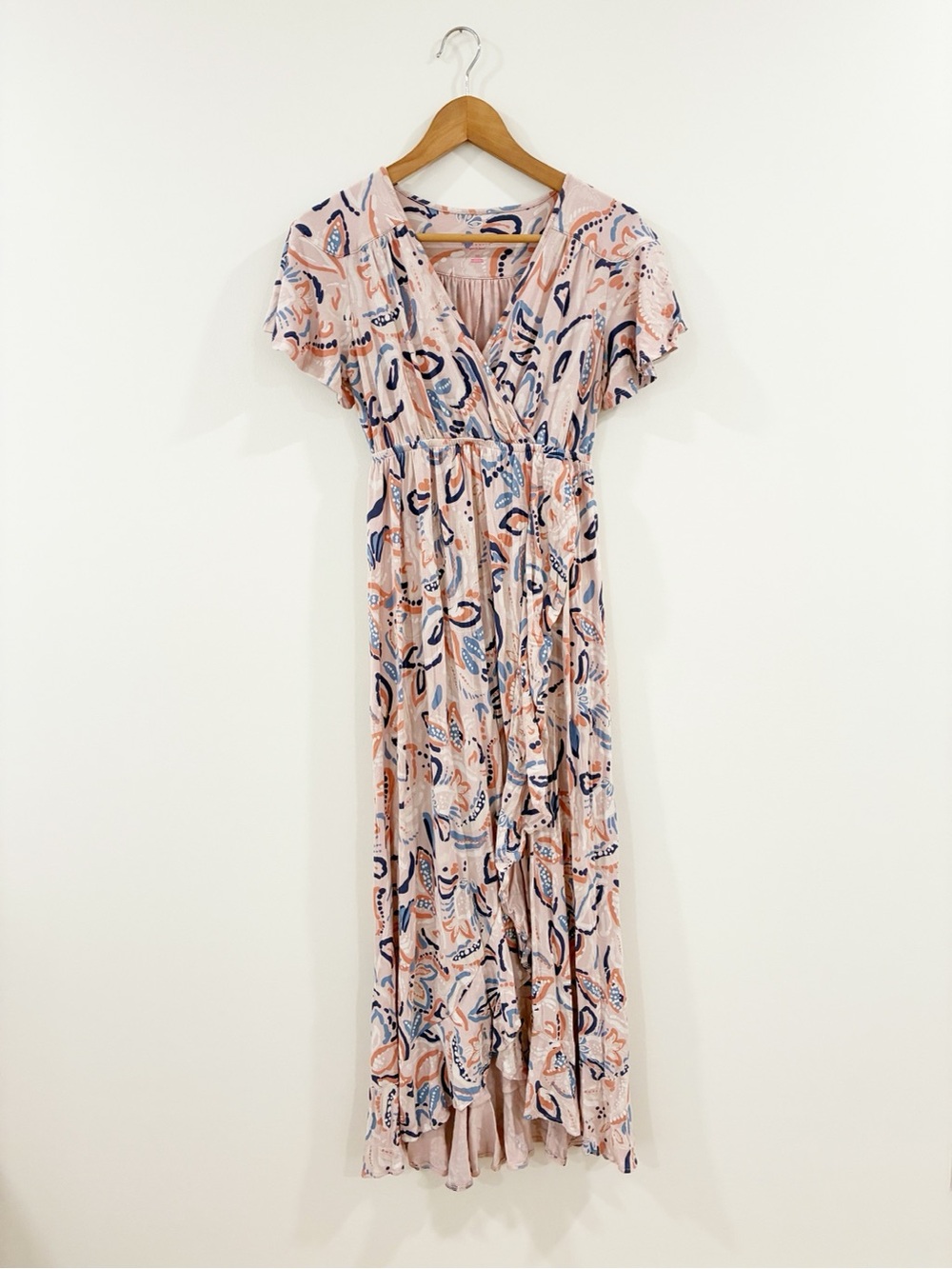 Ingrid & Isabel Blush Pink Paisley Wrap Maxi Dress with Navy Accents